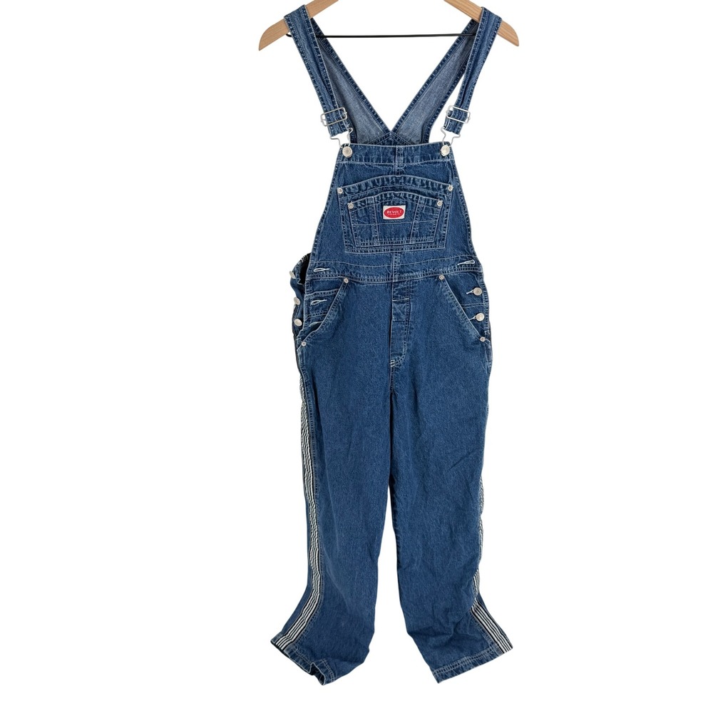 Vintage Revolt Denim Overalls Medium Wash Side Stripe Bib 90s Streetwear